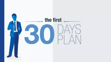 Illustration of a man with text 'The First 30 Days Plan'.