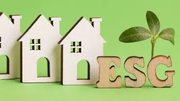 Wooden houses and ESG text with green plant on green background