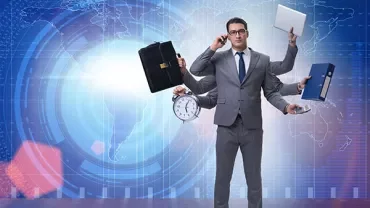 Multitasking businessman with multiple arms holding a briefcase, clock, laptop, files, and phone.