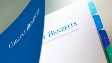 Blue folder labeled 'Company Benefits' with section dividers.