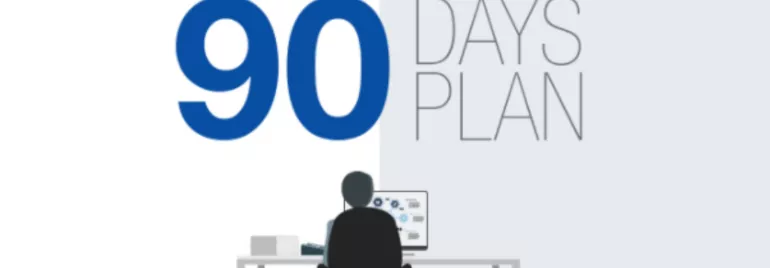 Illustration of '90 Days Plan' with a person at a desk and computer.